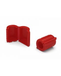 Tamper-Resistent Add-Port Cap, Red plastic hinged cap, sealed on one end
