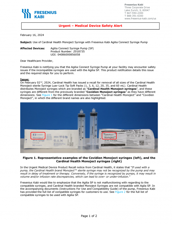 Medical Device Safety Alert: Syringes Being Used with Fresenius Kabi Agilia Connect Syringe Pump